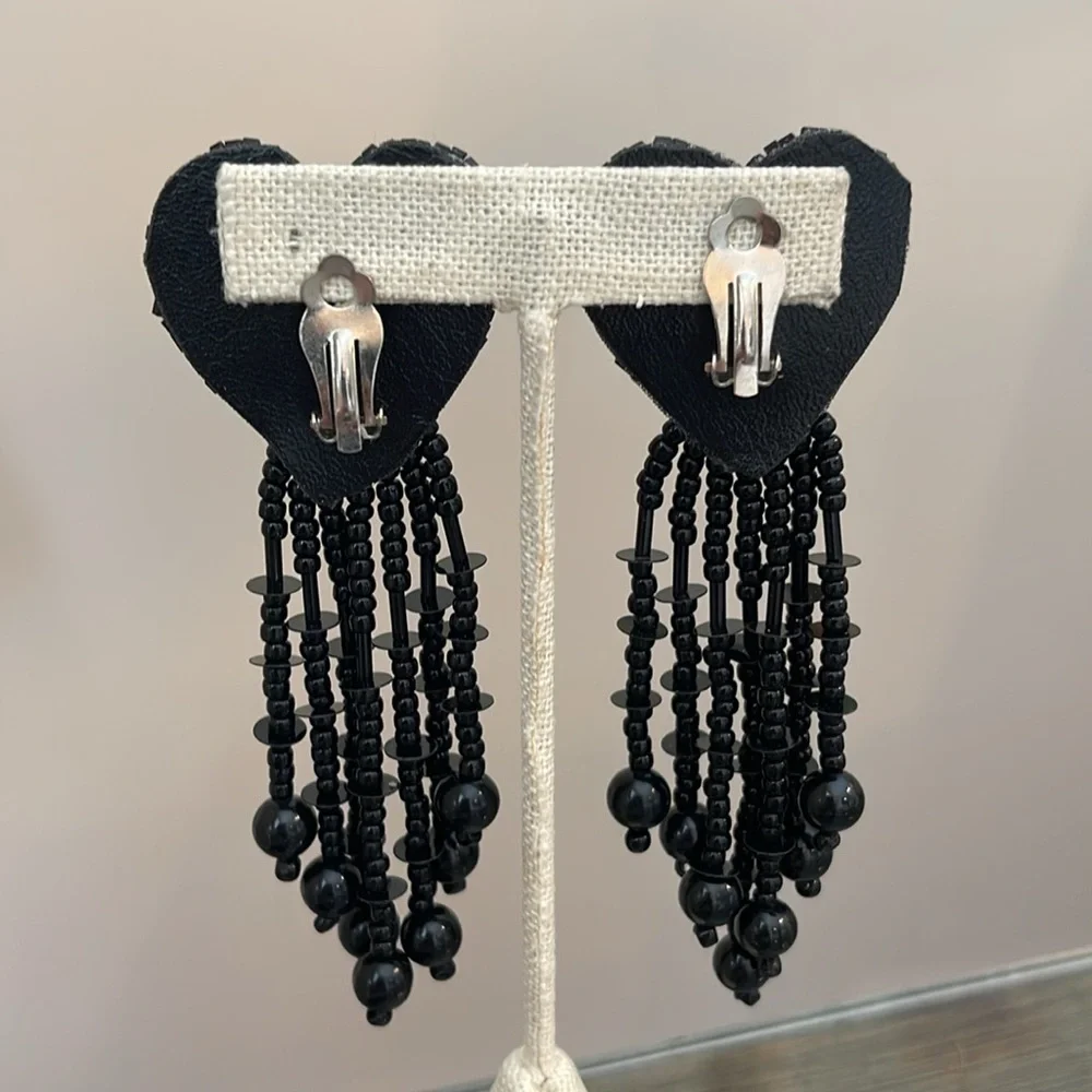 Vintage 80’s Black Sequin & Beaded Heart Clip Earrings
